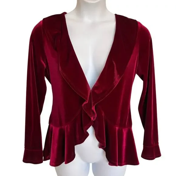 Midnight Velvet Merlot Ruffled Velour Jacket w Peplum Whimsigoth Poetcore size L - Picture 4 of 10